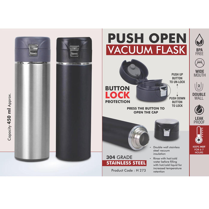 Push open Vacuum Flask with Button lock protection | 304 Grade Steel | Keeps hot for 6-7 hours | Capacity 450ml Approx -  H 273