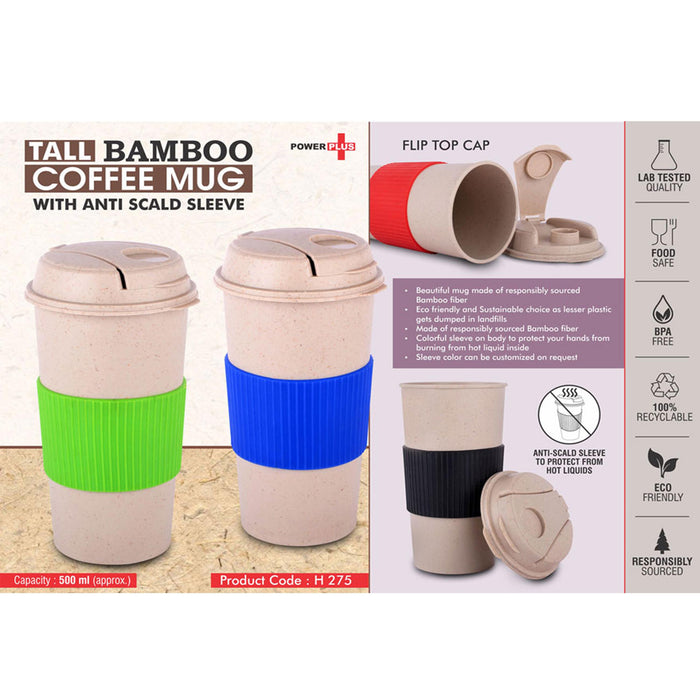Tall Bamboo Coffee mug: Eco friendly mug with flip top Lid and Anti-Scald sleeve | Capacity 500 ml -  H 275