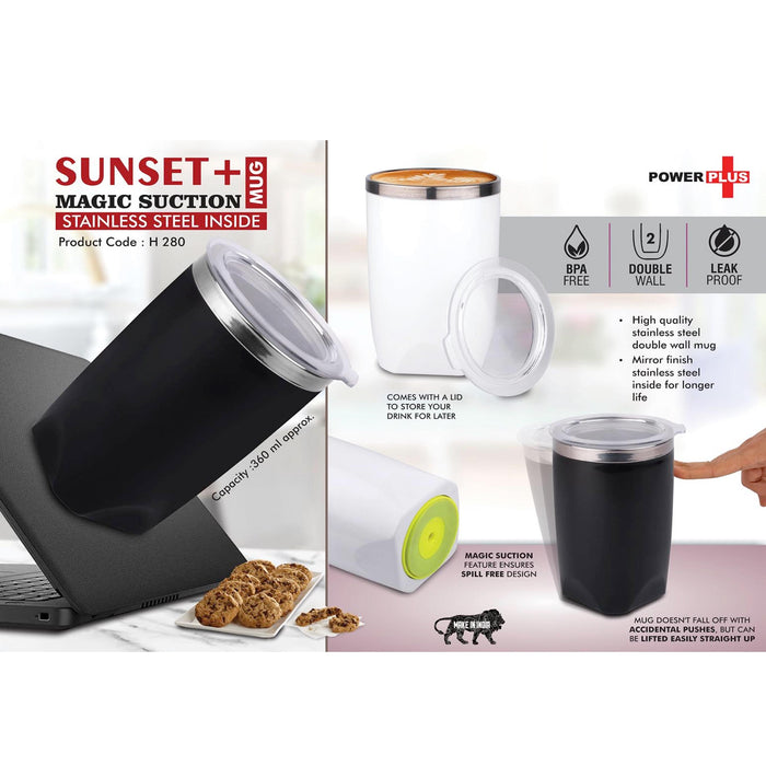 Sunset+ : Magic Suction Mug with Stainless Steel inside | Spill proof design | Leak Proof Lid | BPA Free | Capacity 360 ml approx-  H 280