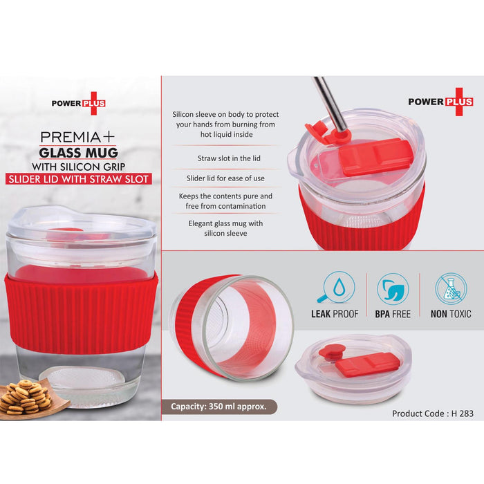 Premia+ Glass mug with Silicon Grip | Slider Lid with Straw slot | Capacity 350 ml approx  -  H 283