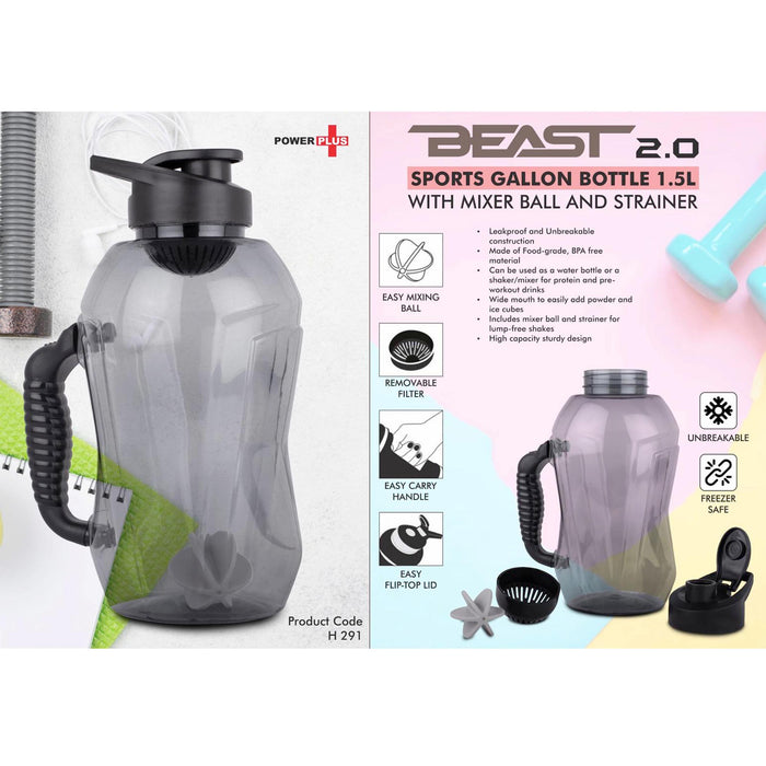 Beast 2.0 Sports gallon bottle 1.5 L with mixer ball and strainer (Unbreakable, Freezer safe)  -  H 291