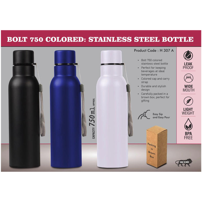 Power Plus - Bolt 750 ml Colored Stainless Steel Single wall Bottle H 307 A