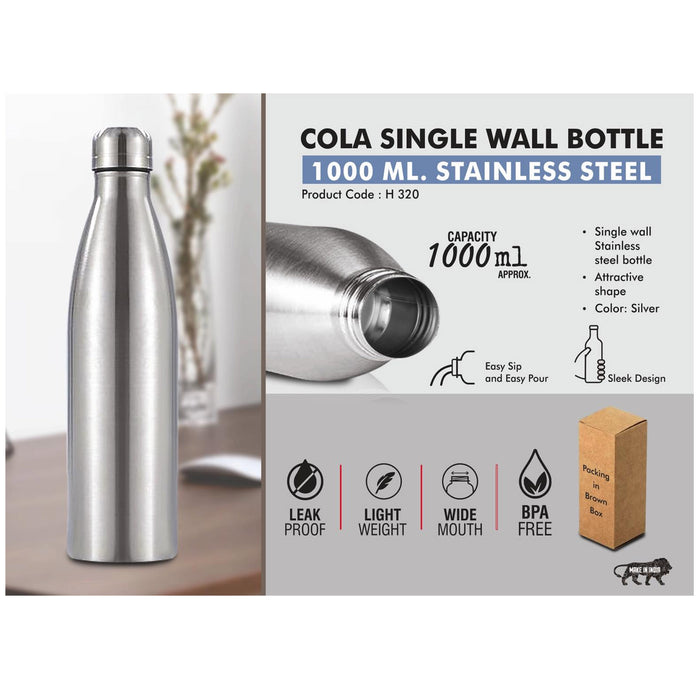 Power Plus - Cola Single Wall Bottle 1000 ML Stainless Steel H 320