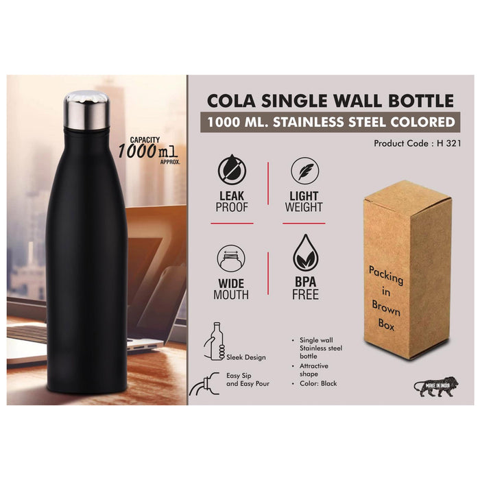 Power Plus - Cola Single Wall Bottle 1000 ML Stainless Steel Colored H 321