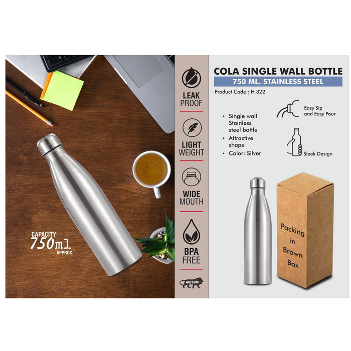 Power Plus - Cola Single Wall Bottle 750 ML Stainless Steel H 322