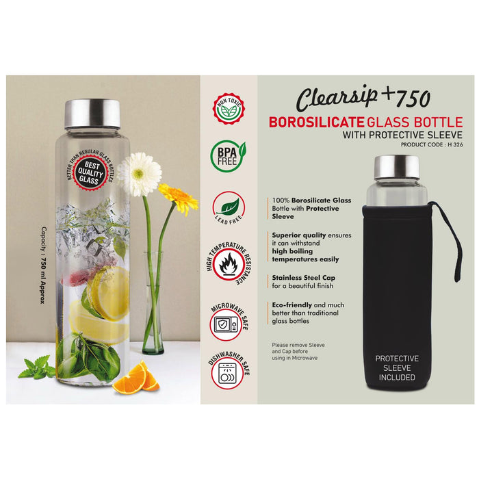 Power Plus - Clearsip + 750 Borosilicate Glass Bottle With Protective Sleeve H 326