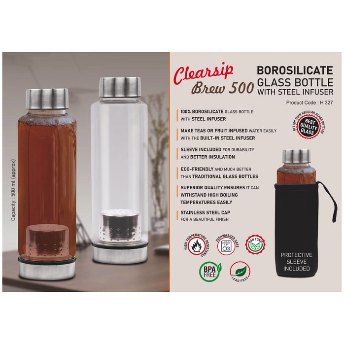Power Plus - Clearsip Brew 500 ML Borosilicate Glass Bottle With Steel Infuser H 327