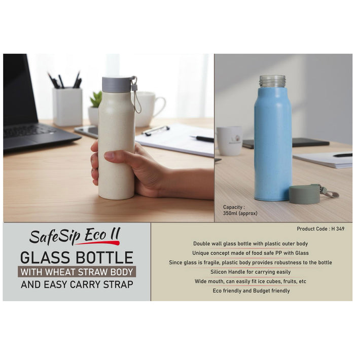 Power Plus - Safe Sip Eco 2 Glass Bottle With Wheat Straw Body H 349
