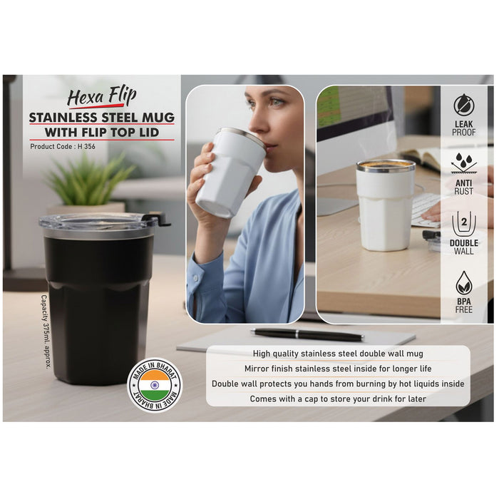 Power Plus - Hexa Flip Stainless Steel Mug With Flip Top Lid H 356