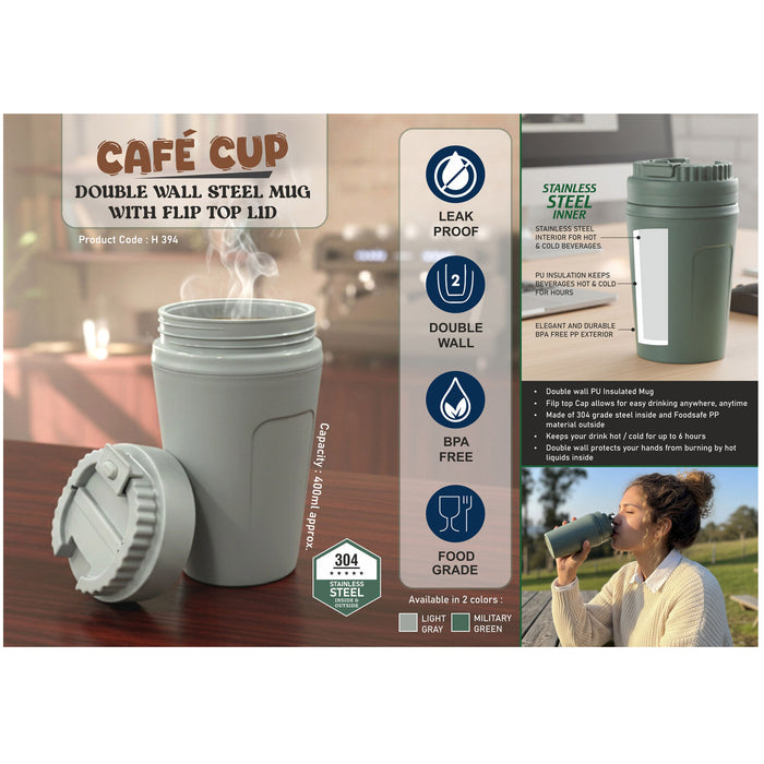 Power Plus - Cafe Cup Double Wall Steel Mug With Flip Top Lid H 394