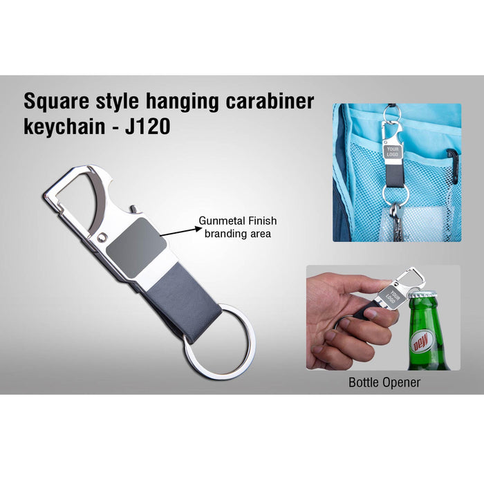 Rectangle hanging metal keychain with Bottle Opener | Black PU strap - J 120