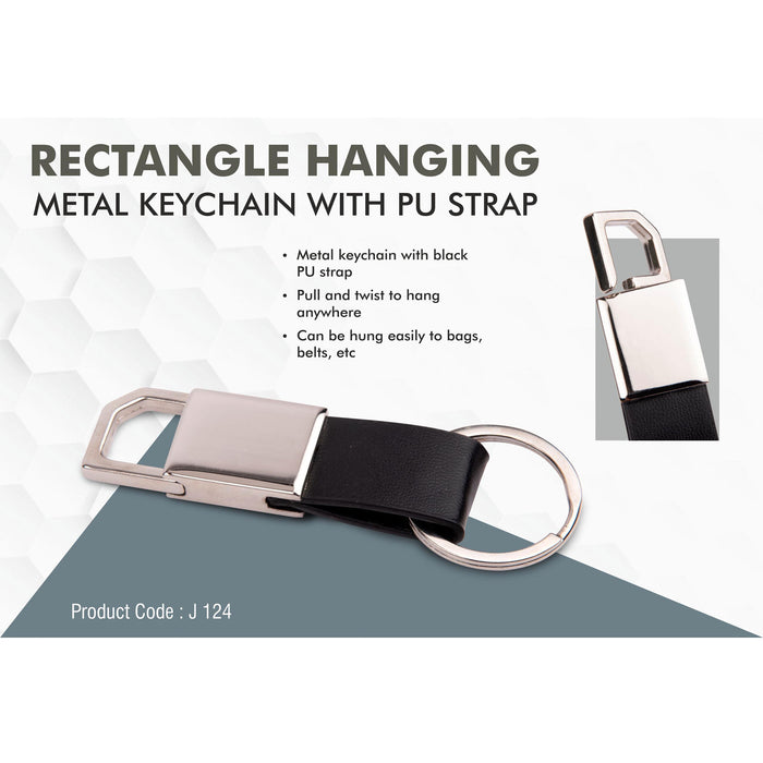 Rectangle hanging metal keychain with PU strap  - J 124