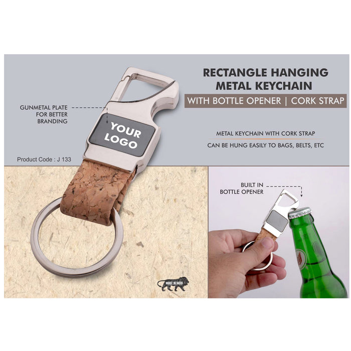 Power Plus - Rectangle Hanging Metal Keychain With Bottle Opener Cork Strap J 133