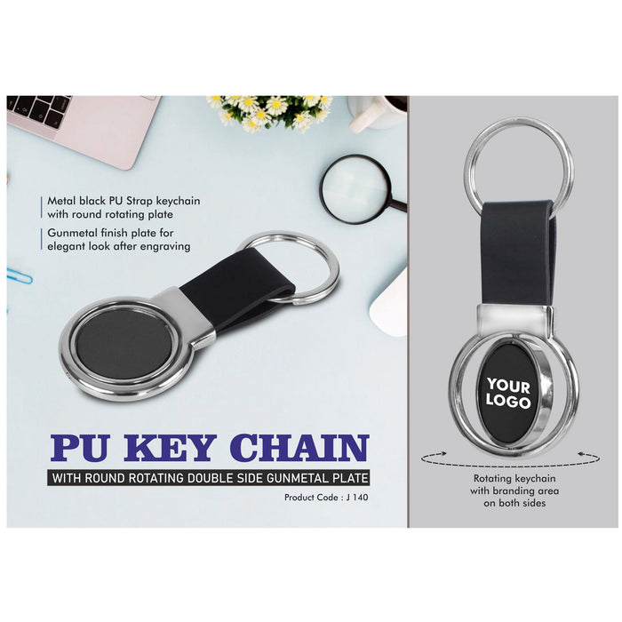 Power Plus - PU Keychain With Round Rotating double Side Gunmetal Plate J 140