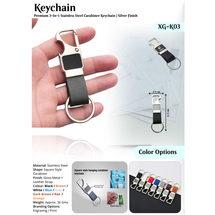 Premium 3- In- 1 Stainless Steel Carabiner Keychain Silver Finish XG-K03