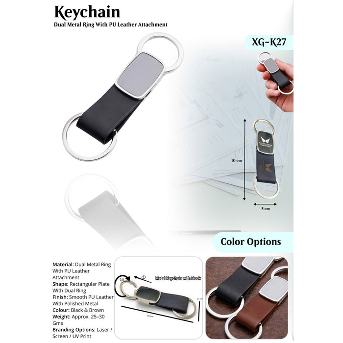 Dual Metal Ring With PU Leather Attachment   Keychain XG -K27