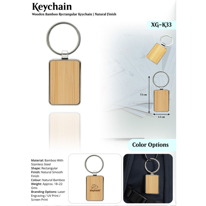 Wooden Bamboo Rectangle Keychain Natural Finish   XG -K33