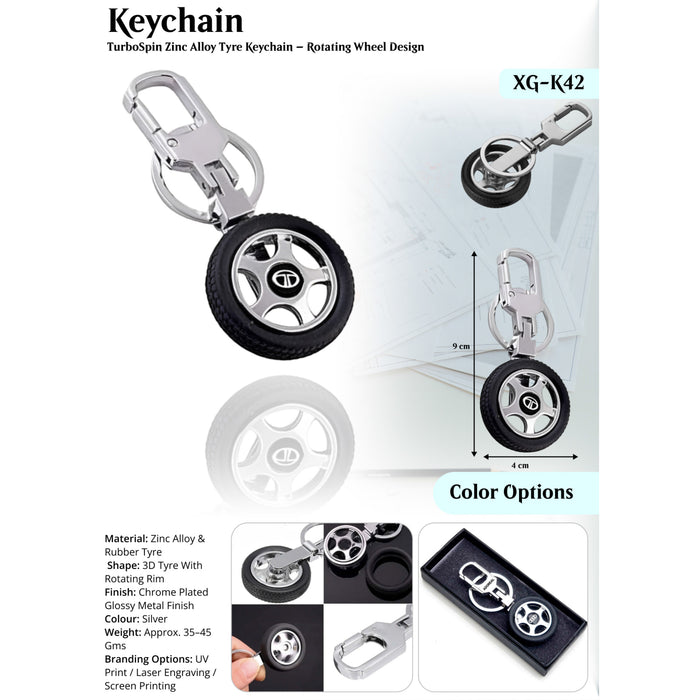 Turbo Spin Zinc Alloy Tyre Keychain - Rotating Wheel Design   XG -K42