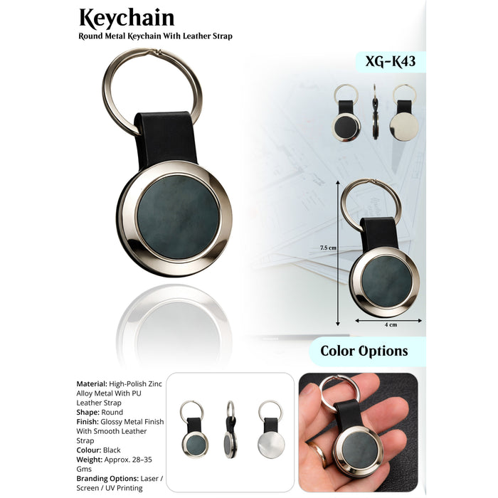 Round  Metal Keychain With Leather Strap  XG -K43