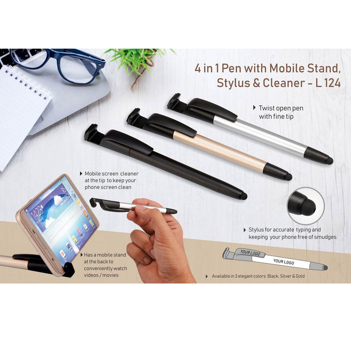 4 in 1 pen with mobile stand, stylus and cleaner - L 124