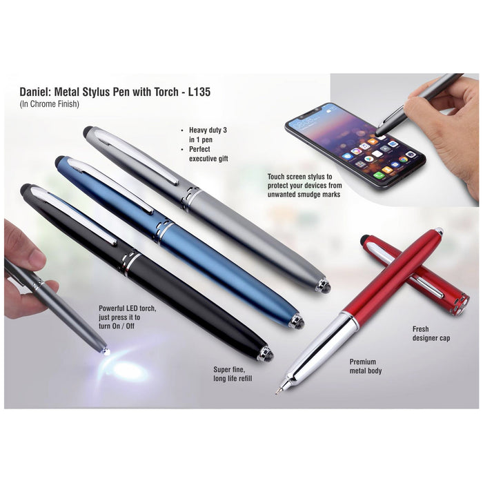 Power Plus - Daniel: Metal Stylus Pen with torch (chrome finish) L 135