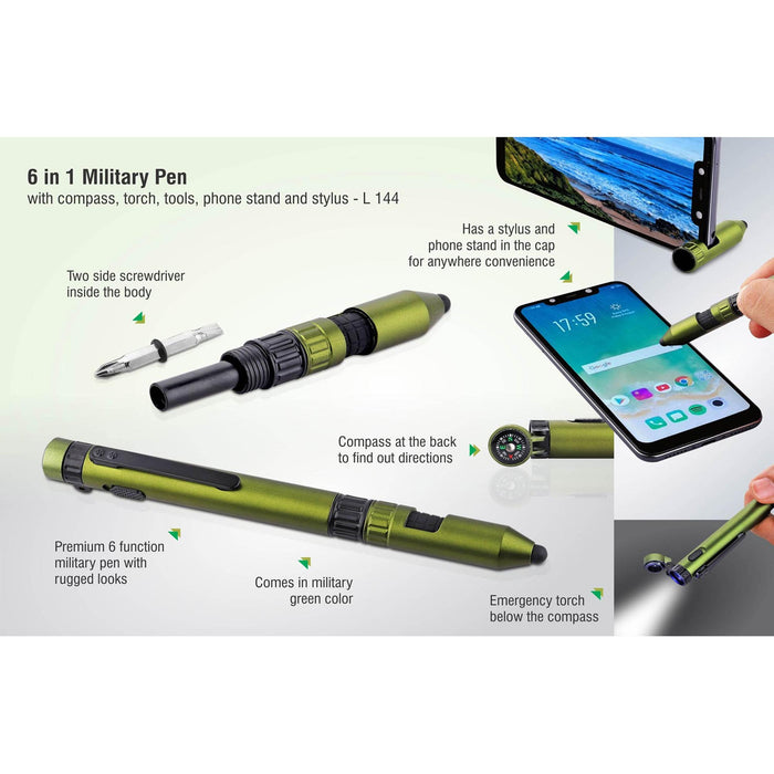 6 in 1 Military pen with compass, torch, tools, phone stand and stylus - L 144