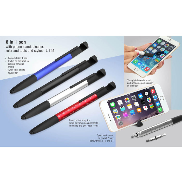 6 in 1 pen with phone stand, cleaner, ruler and tools and stylus  - L 145