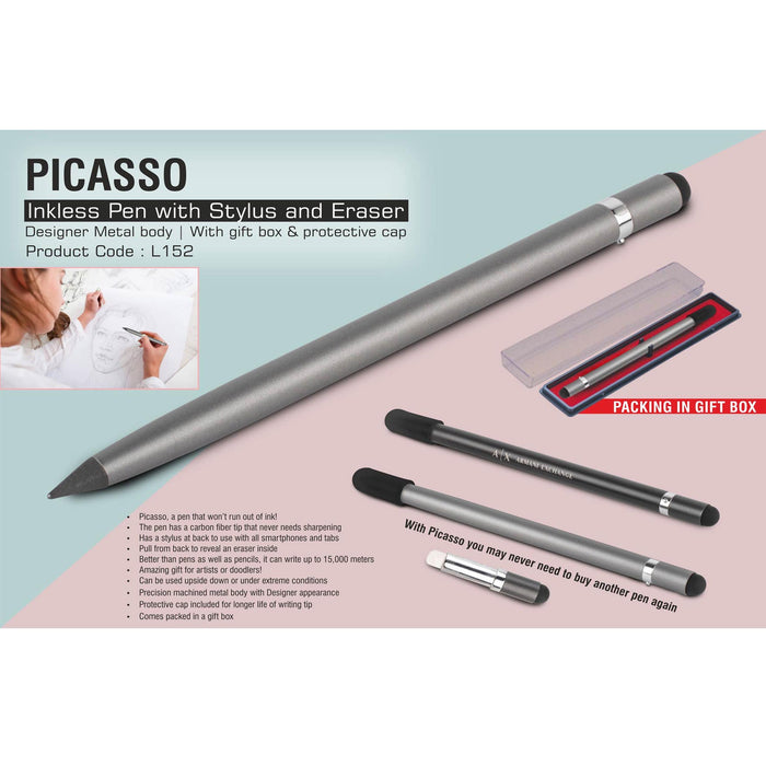 Picasso: Inkless Pen with Stylus and eraser | Designer Metal body | With gift box & protective cap - L 152