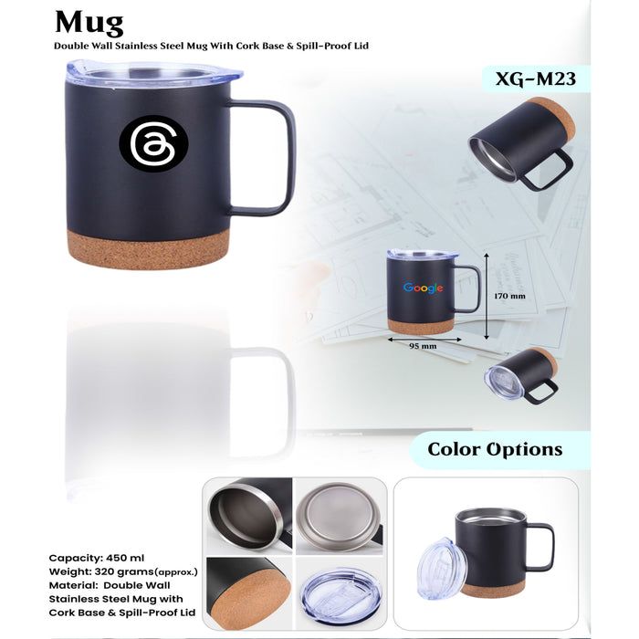 Double wall Stainless Steel Mug With Cork Base &amp; Spill- Proof Lid Mug XG - M23