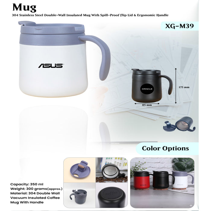 Stainless Steel Double - Wall Insulated Mug With Spill - Proof Flip Lid & Ergonomic Handle  XG -M39