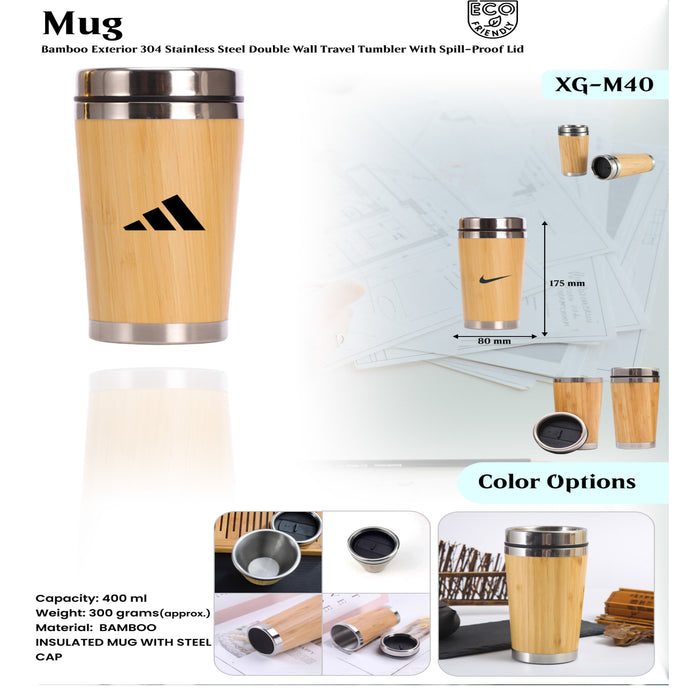 Bamboo Exterior Stainless Steel Double Wall Travel Tumbler With Spill- Proof Lid XG -M40