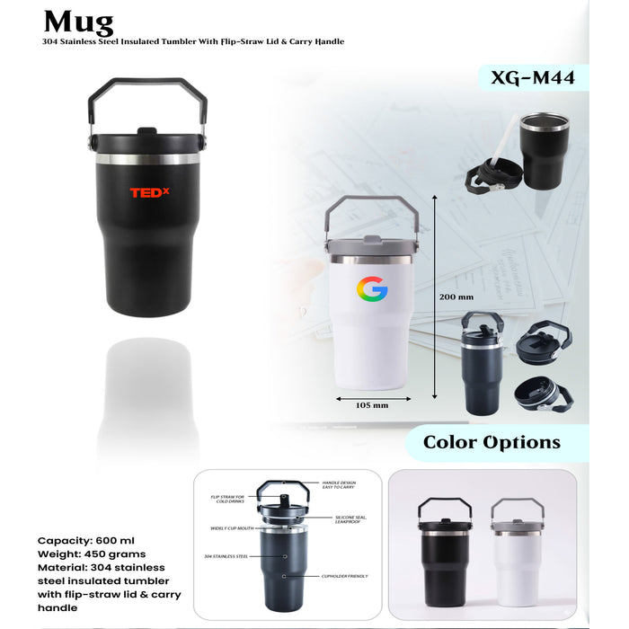 Stainless Steel Insulated Tumbler With Flip- Straw Lid & Carry Handle XG- M44