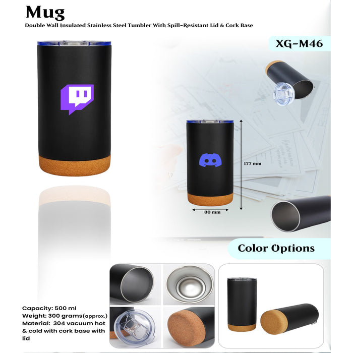 Double Wall Insulated Stainless Steel Tumbler With Spill- Resistant Lid & Cork Base XG- M46