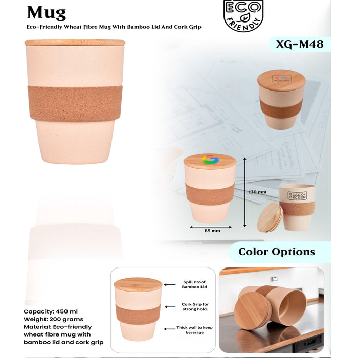 Eco- Friendly Wheat Fibre Mug With Bamboo Lid And Cork Grip XG - M48