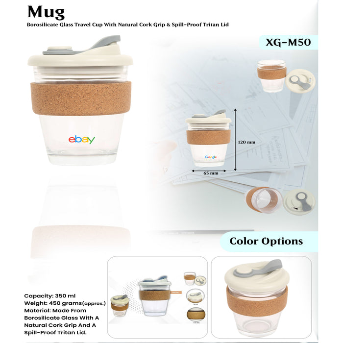 Borosilicate Glass Travel Cup With Natural Cork Grip & Spill -Proof Tritan Lid XG-M50