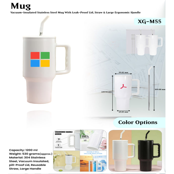 Vacuum -Insulated Stainless Steel Mug With Leak- Proof Lid,Straw & Large Ergonomic Handle XG- M55