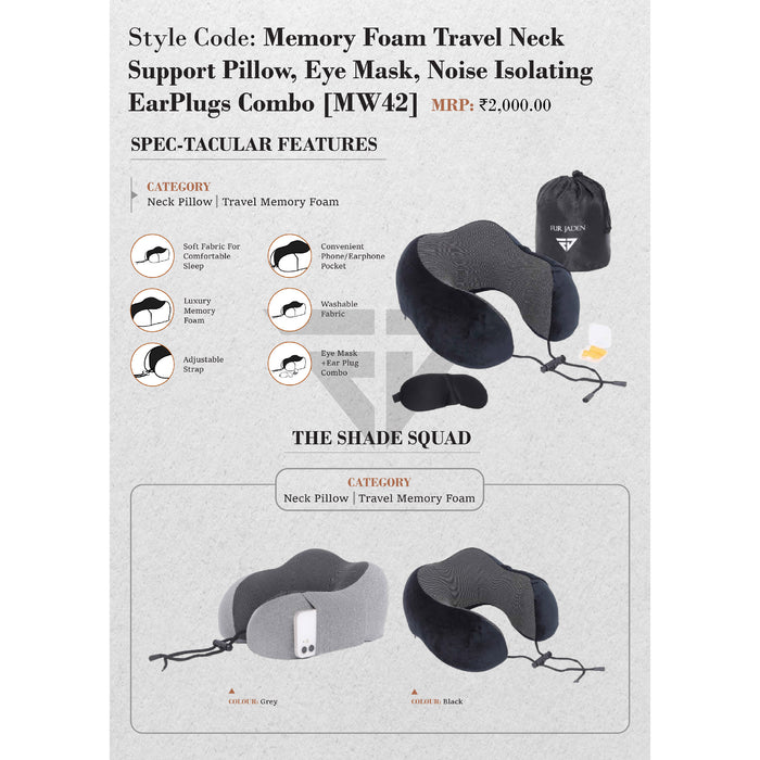Memory Foam Travel Neck Support Pillow, Eye Mask, Noise Isolating EarPlugs Combo (MW42)