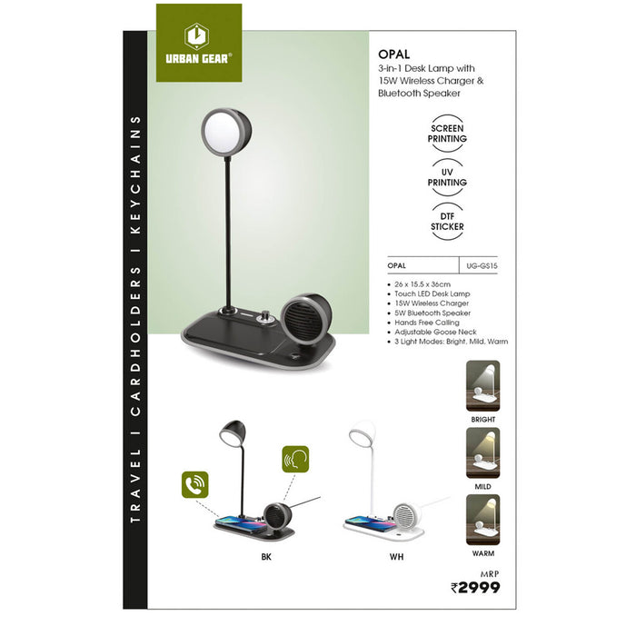 URBAN GEAR - Opal - 3-in-1 Desk Lamp +15W Wireless Charger + Bluetooth Speaker  - UG-GS15