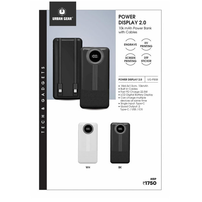 URBAN GEAR - POWER DISPLAY 2.0 - Powerbank 10,000mAh with cables (22.5W) - UG-PB08