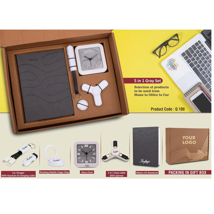 5 in 1 Gray set: Mobile Finger ring, Keychain with Car charger and cable, Spinner with Charging cable, Glow Clock and A5 PU notebook in Kraft Gift - Q 100