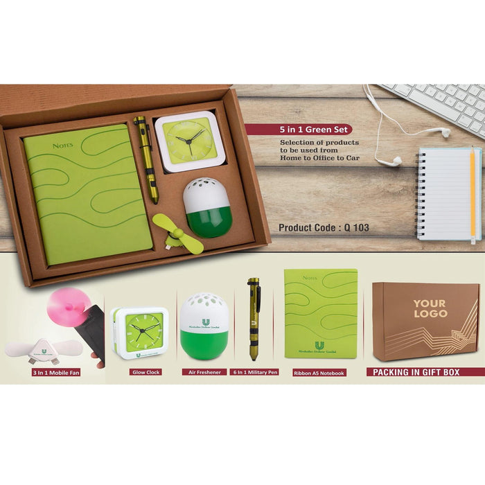 5 in 1 Green set: Air freshener (100 gm), Mobile Fan, 6 in 1 military pen, Glow Clock and A5 PU notebook in Kraft Gift Box - Q 103