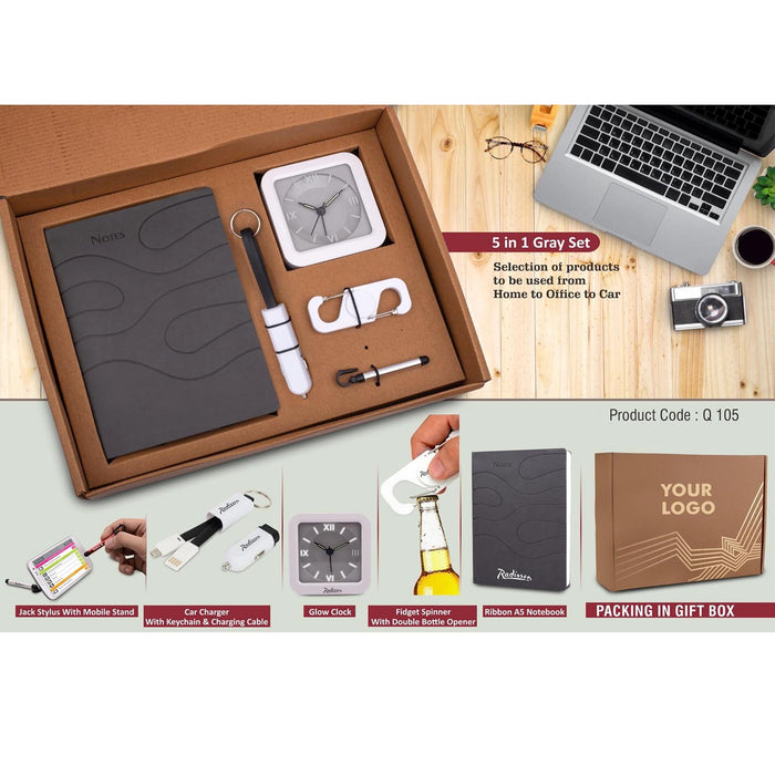 5 in 1 Gray set: Spinner with bottle opener, Keychain with Car charger and cable, Jack stylus with phone stand, Glow Clock and A5 PU notebook - Q 105