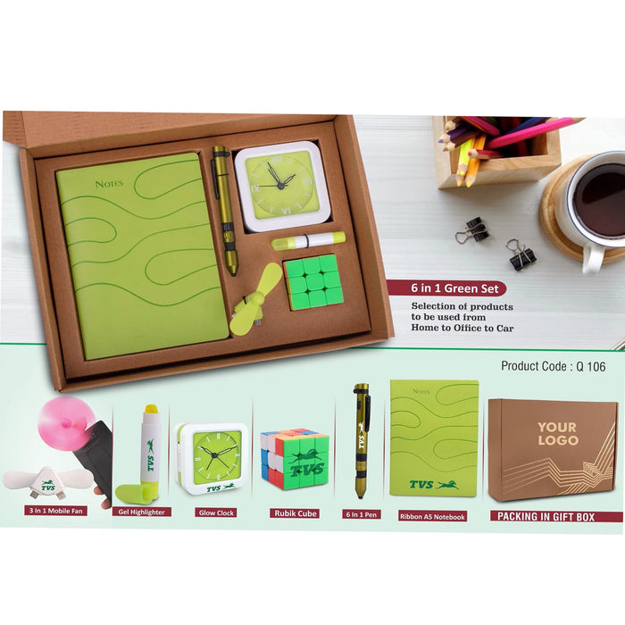 6 in 1 Green set: Rubik Cube, Gel Highlighter, Mobile Fan, 6 in 1 military pen, Glow Clock & A5 PU notebook in Kraft Gift Box - Q 106