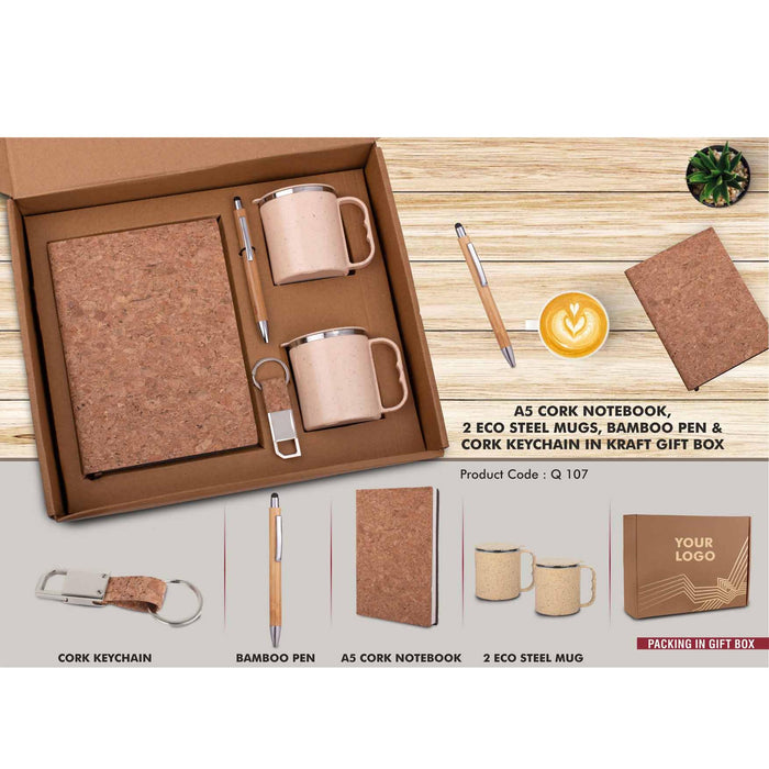 EcoSet  Set of A5 Cork notebook, 2 Eco Steel mugs, Bamboo Pen & Cork Keychain in Kraft Gift Box - Q 107