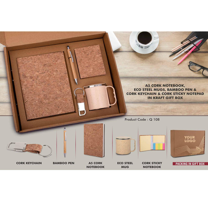 EcoSet 2: Set of A5 Cork notebook, Eco Steel mug, Bamboo Pen, Cork Keychain & Cork Sticky notepad in Kraft Gift Box - Q 108