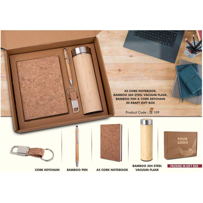 Power Plus- Set of 3: Set of A5 Cork Notebook, Bamboo Steel Vacuum Flask Q 109A