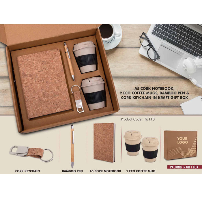 EcoSet 4: Set of A5 Cork notebook, 2 Bamboo Coffee Mugs with Silicon Sleeve, Bamboo Pen & Cork Keychain in Kraft Gift Box - Q 110