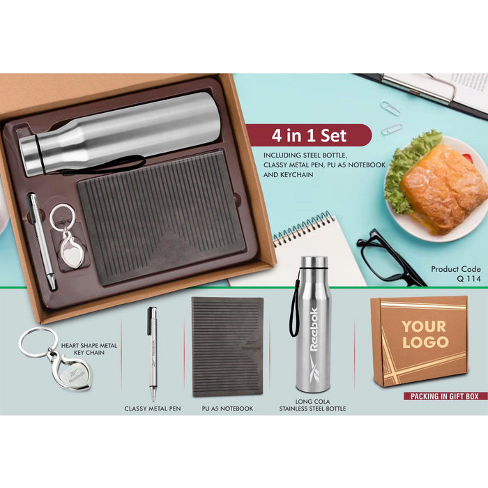 4 in 1 Gray set: Metal keychain, SS bottle, Metal Pen and A5 PU notebook in Kraft Gift Box  - Q 114