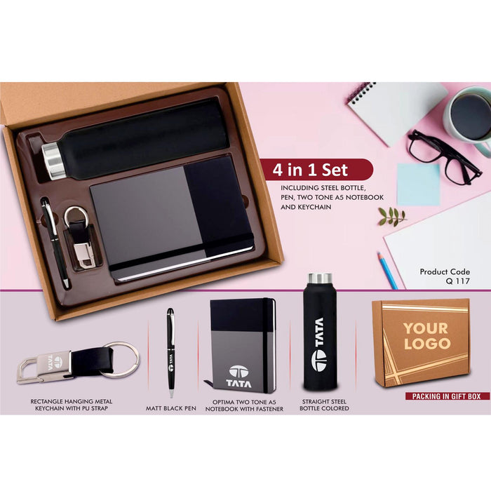 4 in 1 Dual Tone set: Rectangle metal keychain, SS colored bottle, Metal Pen and A5 PU notebook in Kraft Gift Box- Q 117
