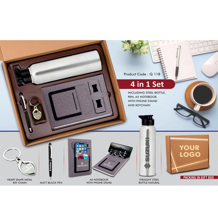 4 in 1 Gray set: Metal Keychain, SS natural bottle, Metal Pen and 4 in 1 notebook in Kraft Gift Box- Q 118